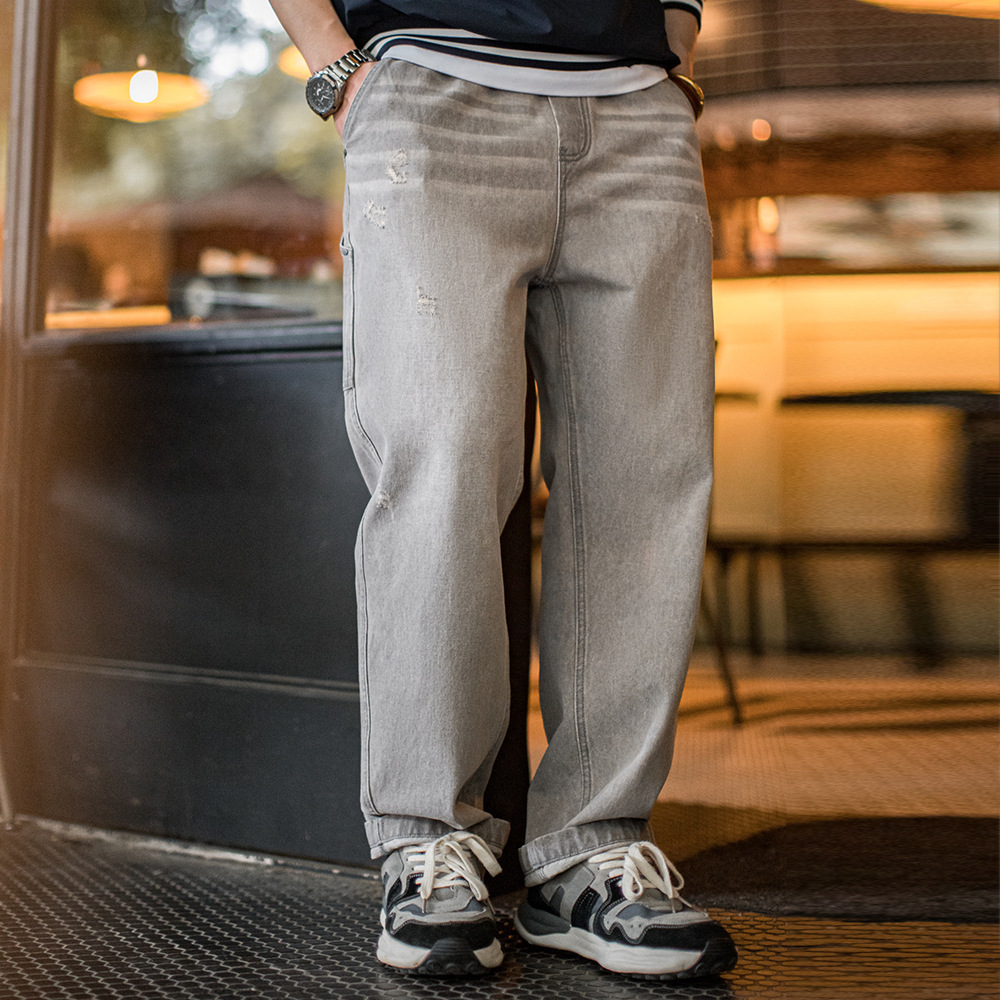 美式復古水洗做舊格雷系灰牛仔褲破洞猫須伐木直筒褲男春