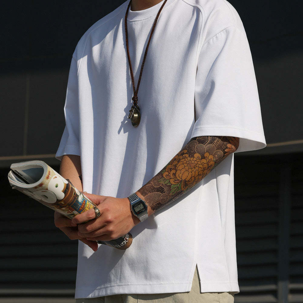 美式休閒230g太空棉短袖T恤男運動拼接開衩薄荷綠色TEE