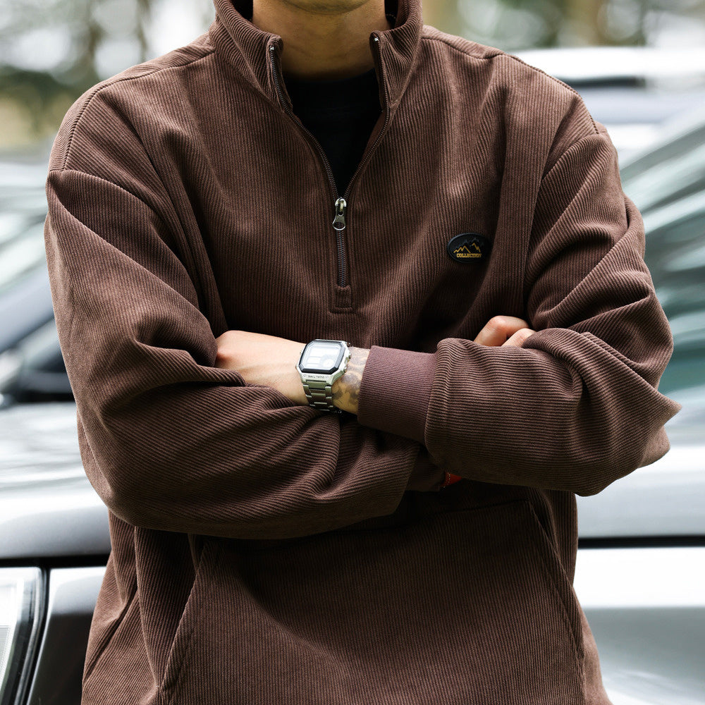 美式復古半拉鍊立領燈芯絨衛衣男加絨保暖cleanfit上衣外套-Retro's Wear