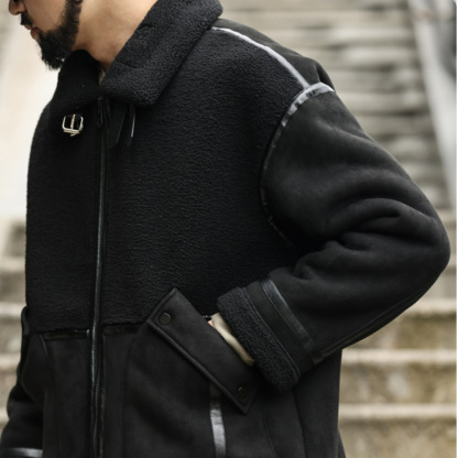 美式皮毛一體羊羔絨毛領外套男加厚保暖麂皮絨拼接夾克