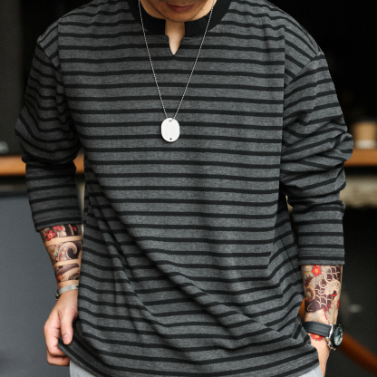 美式復古280g重磅海魂衫男休閒鬆弛感條紋小v領長袖T恤