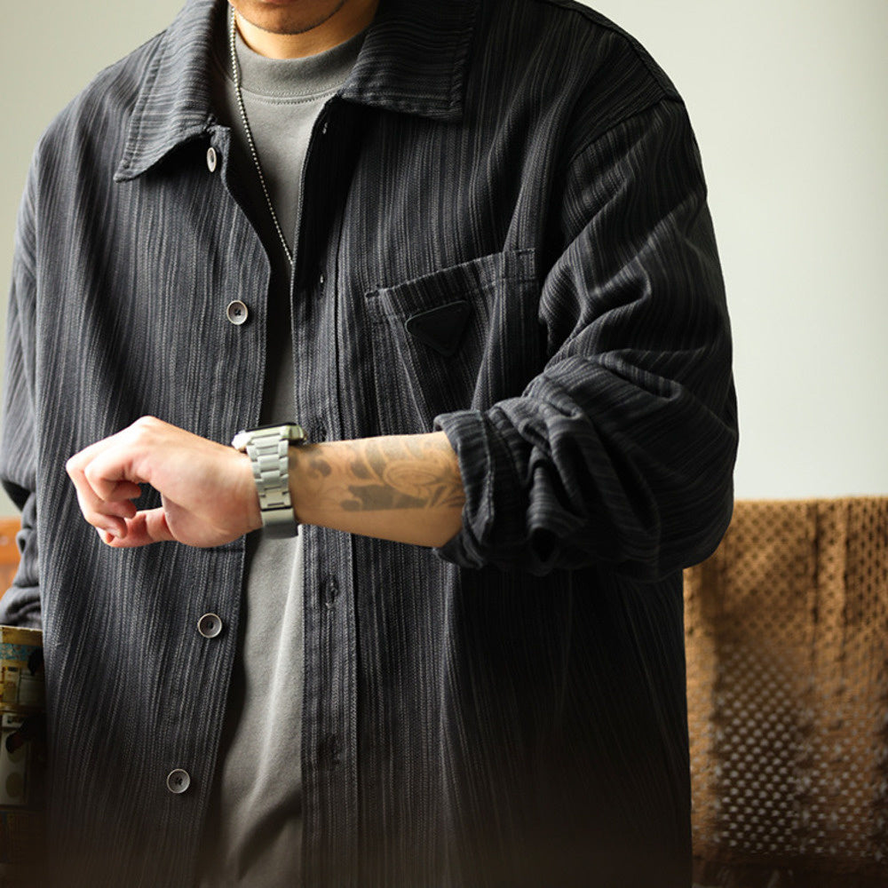 美式復古重磅竹節紋襯衫外套男高級感寬鬆休閒工裝長袖襯衣-Retro's Wear