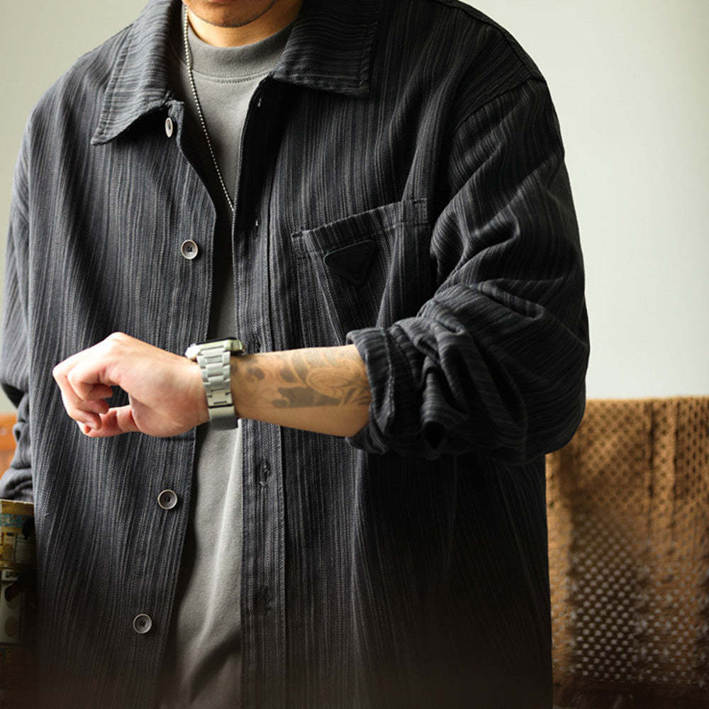美式復古重磅竹節紋襯衫外套男高級感寬鬆休閒工裝長袖襯衣-Retro's Wear