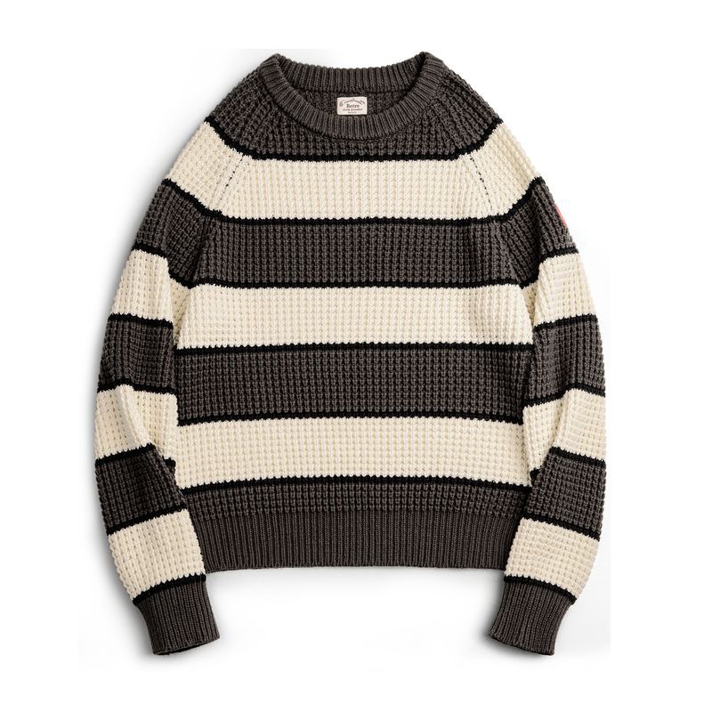 美式復古撞色鳳梨條紋毛衣肌理感套頭圓領打底針織衫男秋-Retro's Wear