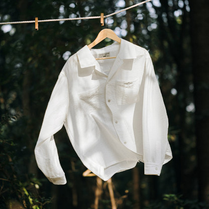 MRA 亞麻混紡古巴領長袖襯衫印第安刺繡老錢風涼感翻領白襯衣