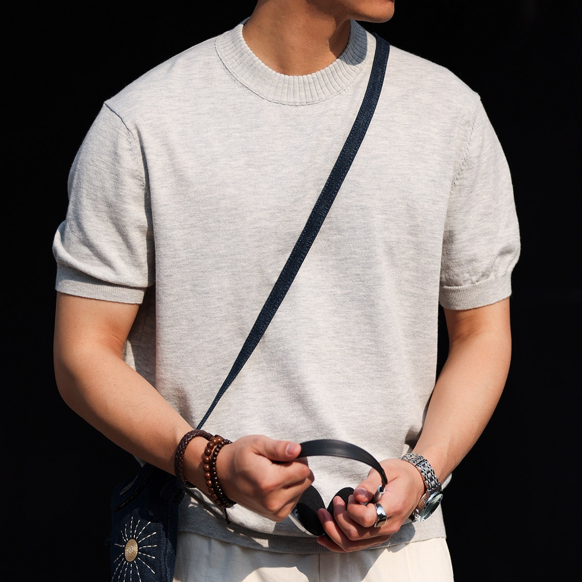 簡約老錢風短袖針織衫男高級感通勤休閒圓領收袖打底T恤