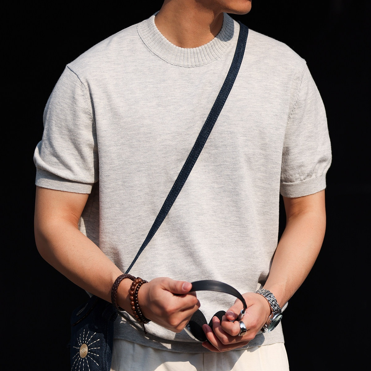 簡約老錢風短袖針織衫男高級感通勤休閒圓領收袖打底T恤