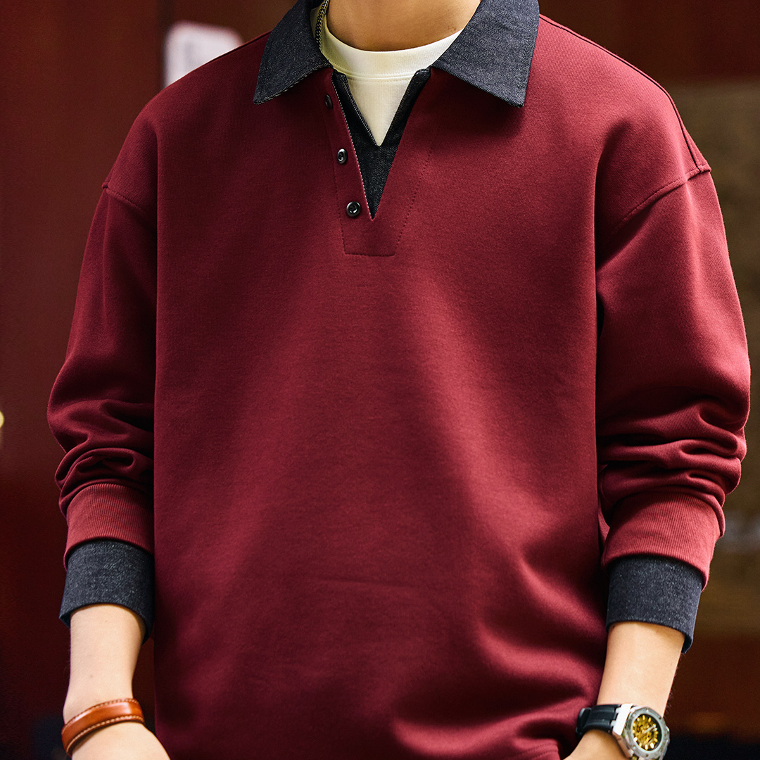 假兩件撞色拼接重磅牛仔Polo衫男秋冬加絨復古翻領衛衣
