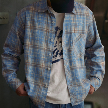 萊賽爾天絲美式復古格子長袖襯衫男2025秋季新款寬鬆翻領襯衣外套