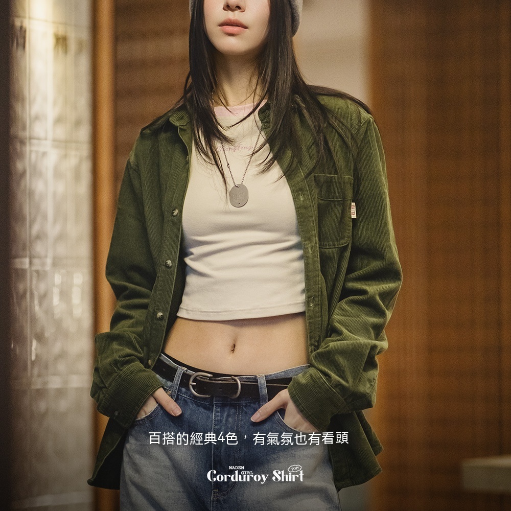 休閒燈芯絨襯衫寬鬆內搭休閒翻領長袖襯衣女秋冬款上衣-Retro's Wear