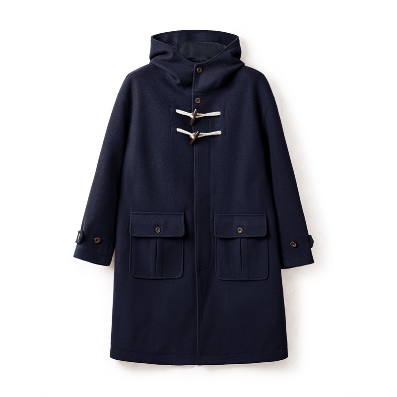 美式復古牛角扣連帽毛呢大衣學院風寬鬆長款外套男女秋冬-Retro's Wear