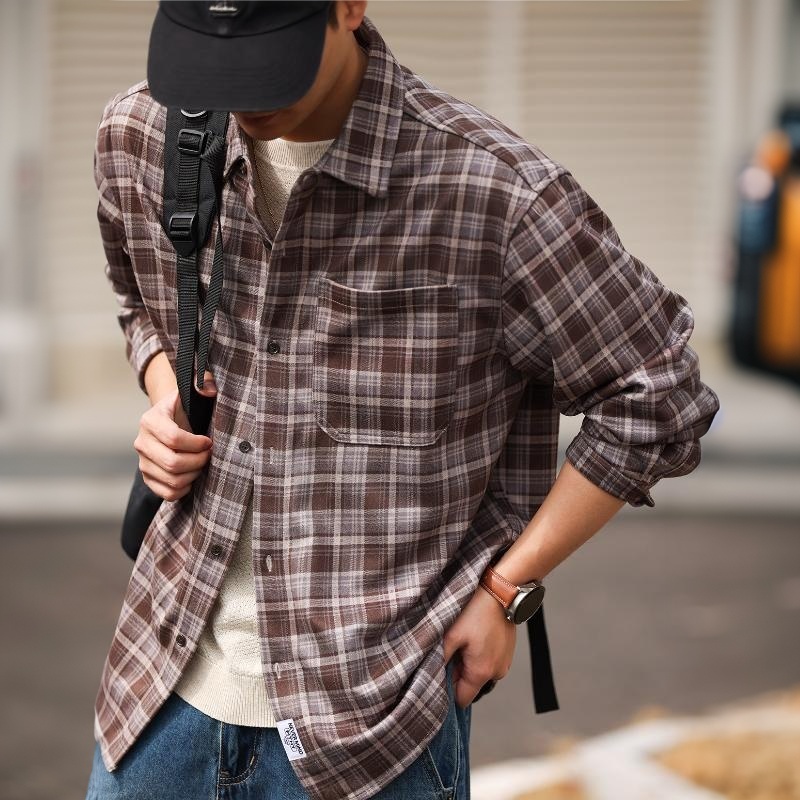 蘇格蘭格紋長袖襯衫男士寬鬆日系復古Vintage格子襯衣春