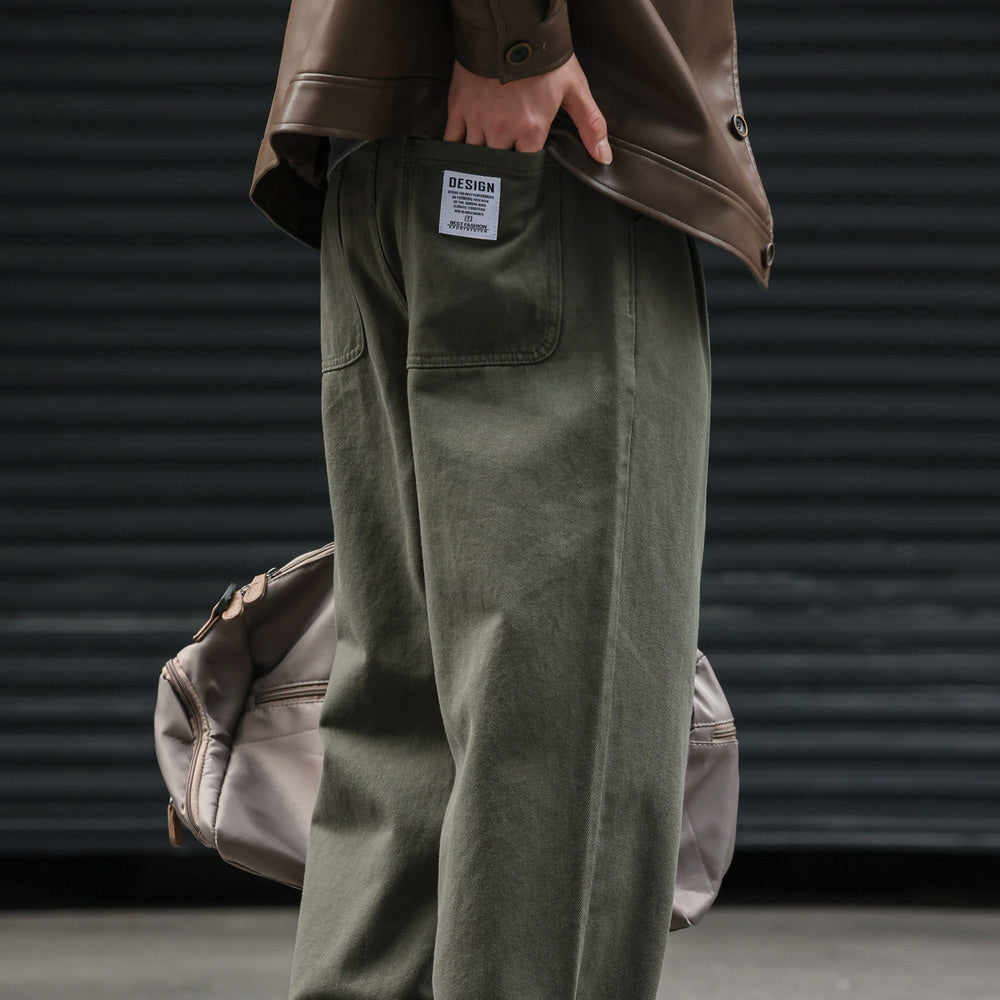 日系復古運動垂感休閒褲子男寬鬆做舊打褶vibe直筒褲子