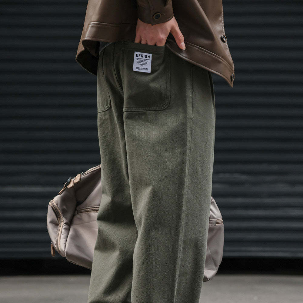 日系復古運動垂感休閒褲子男寬鬆做舊打褶vibe直筒褲子