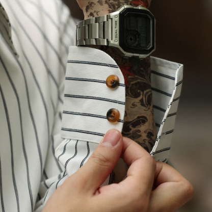 美式復古薄款咖色條紋襯衫男修身通勤休閒長袖襯衣外套