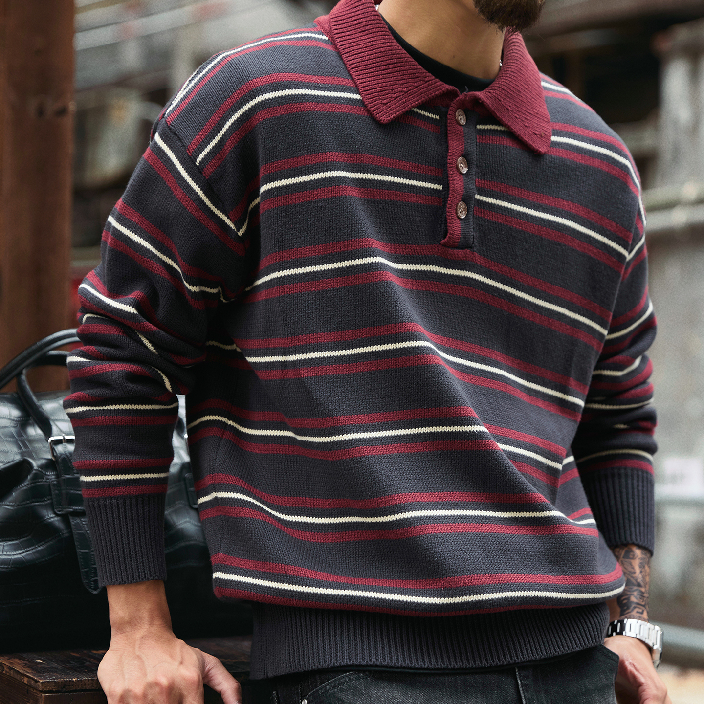 美式復古POLO領條紋毛衣男2025冬季新款寬鬆慵懶風撞色針織衫上衣