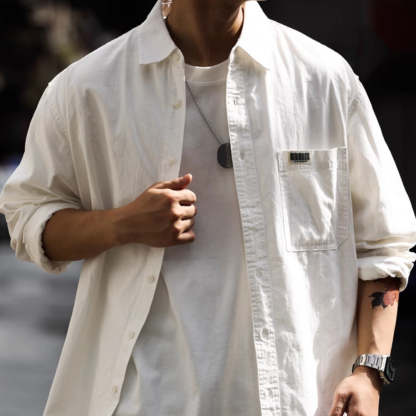 美式休閒簡約純色口袋長袖襯衫男高級感疊穿內搭襯衣外套秋-Retro's Wear