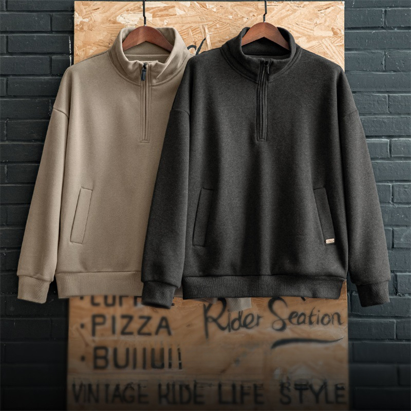 美式休閒半拉鍊立領加絨衛衣cleanfit搖粒絨套頭上衣男秋-Retro's Wear