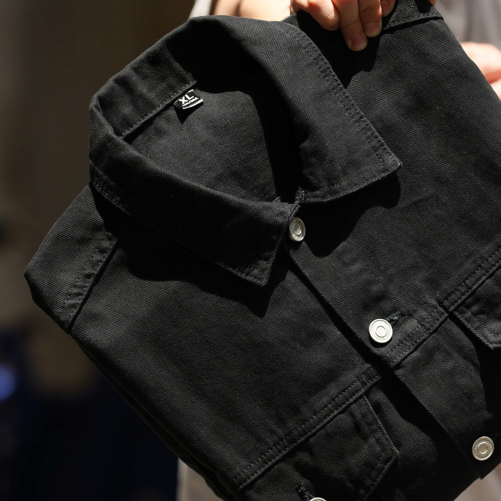 日系重磅牛仔夾克男阿特蘇水洗休閒復古黑色外搭開衫外套秋-Retro's Wear