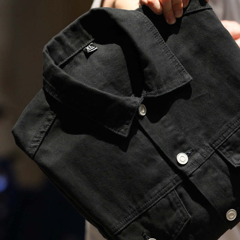 日系重磅牛仔夾克男阿特蘇水洗休閒復古黑色外搭開衫外套秋-Retro's Wear