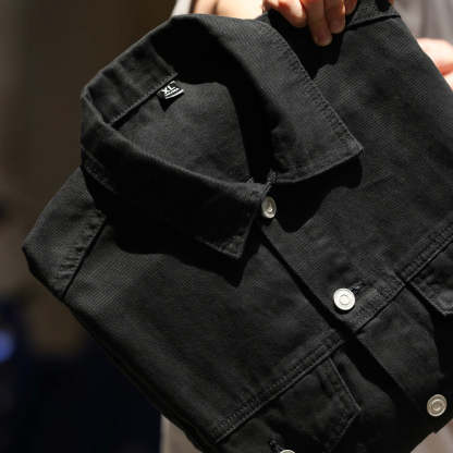 日系重磅牛仔夾克男阿特蘇水洗休閒復古黑色外搭開衫外套秋-Retro's Wear