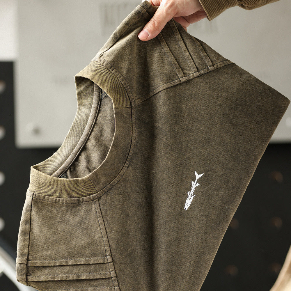 美式復古鯊魚腮設計短袖T恤男225g成服染色做舊硬漢上衣