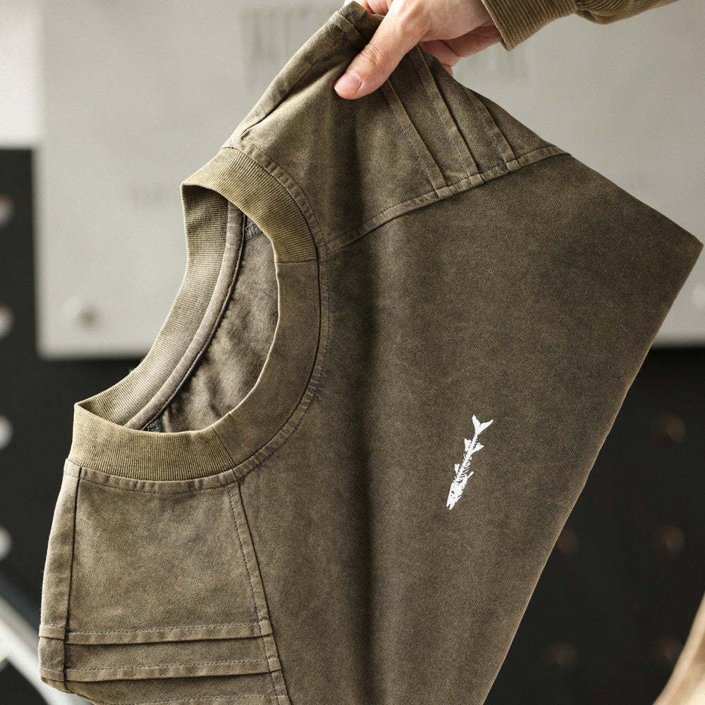 美式復古鯊魚腮設計短袖T恤男225g成服染色做舊硬漢上衣