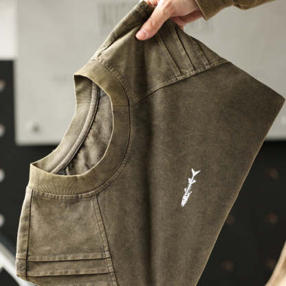 美式復古鯊魚腮設計短袖T恤男225g成服染色做舊硬漢上衣