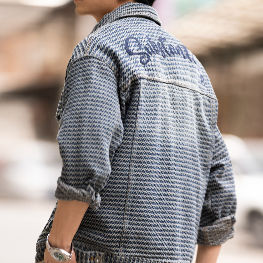 法式復古滿提花牛仔夾克男cityboy休閒高級感水洗外套秋-Retro's Wear