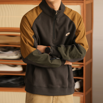 日系復古撞色拼接立領衛衣男330g重磅半拉鍊套頭上衣外套