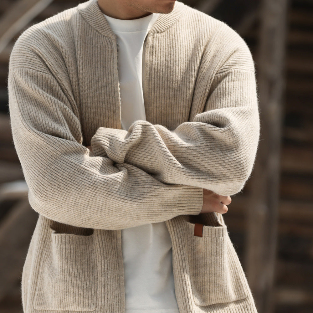 美式休閒680g重磅拉鍊開衫毛衣男7針粗線復古針織外套冬-Retro's Wear