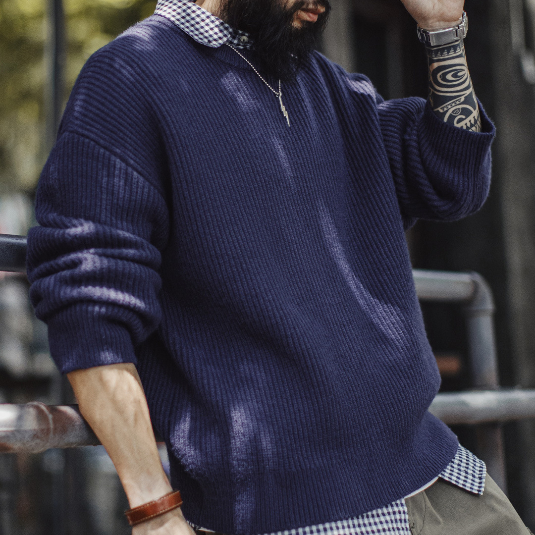 美式藍色坑條毛衣圓領套頭垂感外穿條紋上衣針織外套男冬