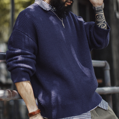 美式藍色坑條毛衣圓領套頭垂感外穿條紋上衣針織外套男冬