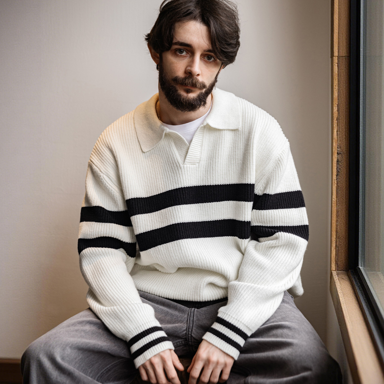 MRA海鷗領polo毛衣條紋套頭V領內搭加絨加厚翻領針織衫潮男冬