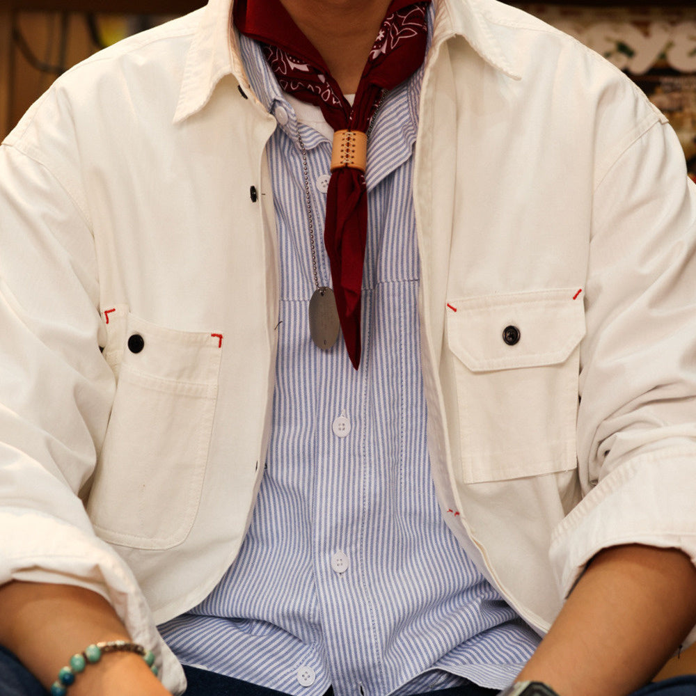 日系復古工裝襯衫男寬鬆cityboy高密純棉白色硬漢夾克外套秋-Retro's Wear