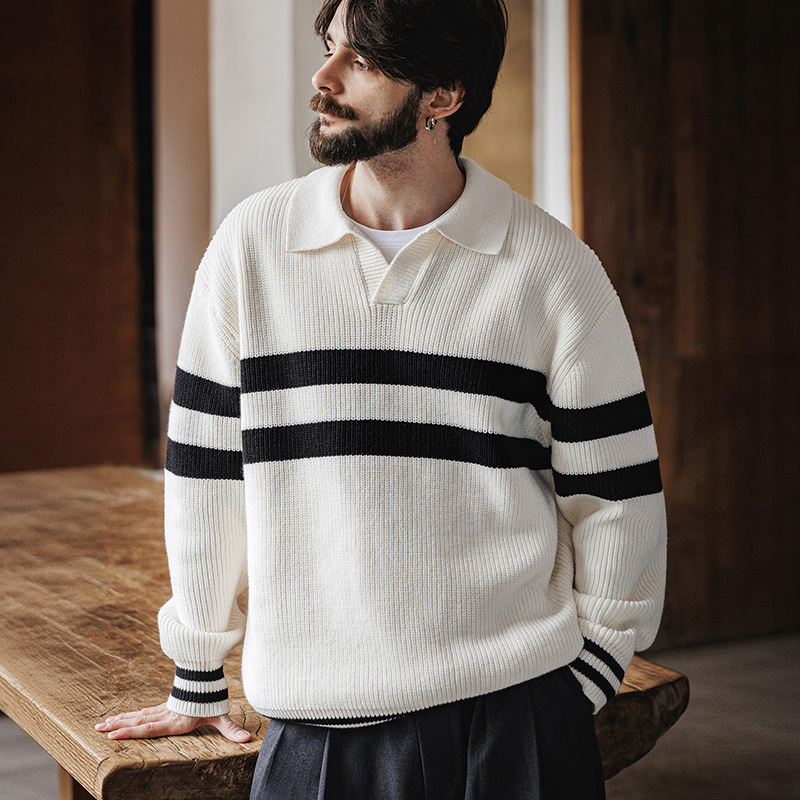 MRA海鷗領polo毛衣條紋套頭V領內搭加絨加厚翻領針織衫潮男冬