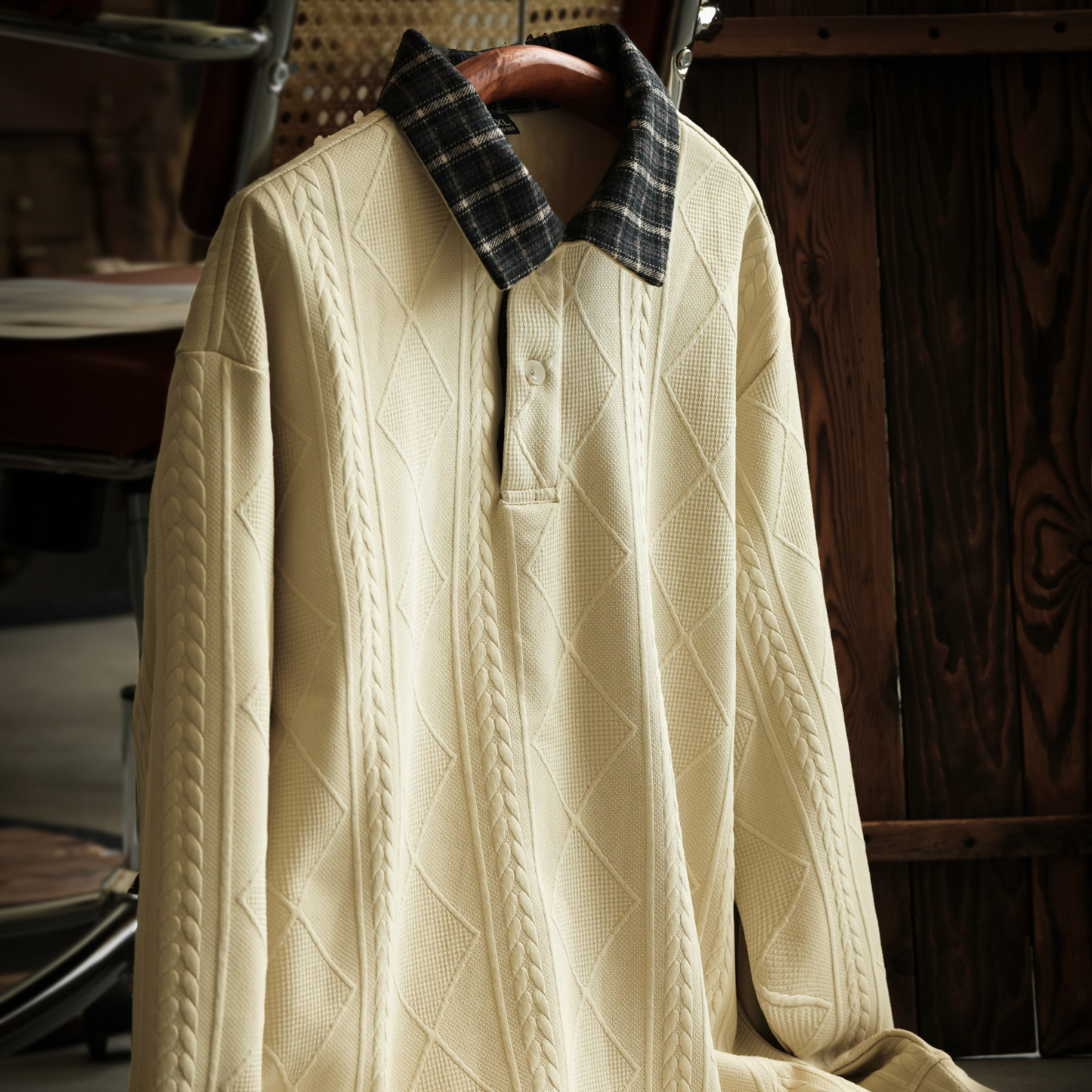 美式休閒針織提花肌理感衛衣男撞色格子翻領長袖POLO衫