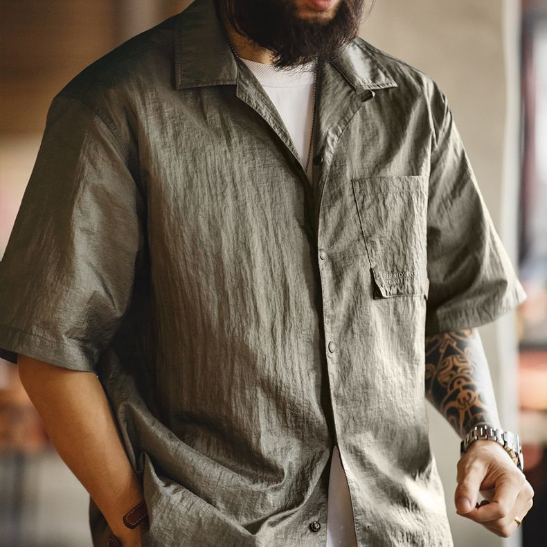 美式復古山系戶外古巴領襯衫肌理感輕薄短袖襯衣男款夏
