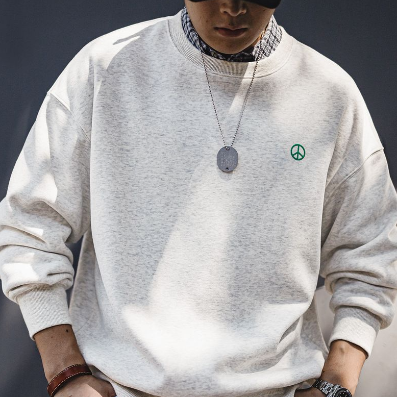 美式休閒灰色圓領加絨衛衣基礎寬鬆落肩打底上衣男秋冬季-Retro's Wear