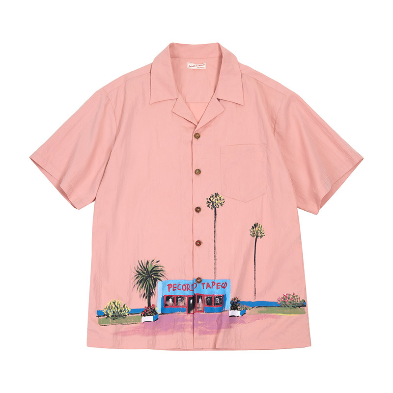 馬登工裝 美式復古油畫印花襯衫夏威夷粉色短袖沙灘海邊襯衣