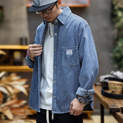 美式條紋牛仔襯衫男春季寬鬆潮牌大碼長袖襯衣男士藍色休閒外套