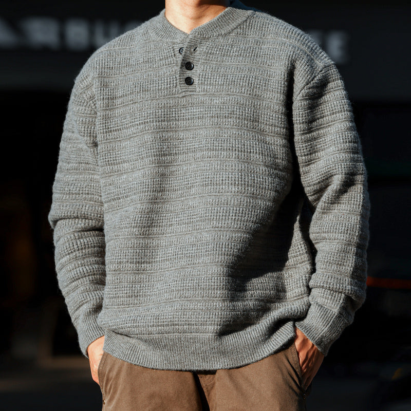 美式慵懶風亨利領針織毛衣男850g重磅復古肌理感上衣-Retro's Wear