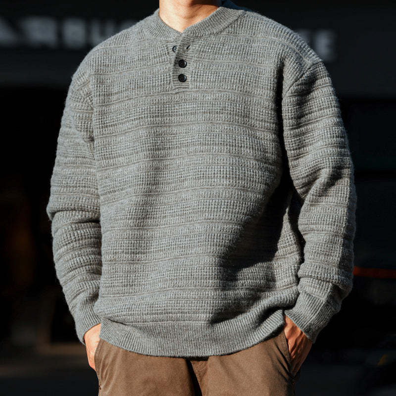 美式慵懶風亨利領針織毛衣男850g重磅復古肌理感上衣-Retro's Wear