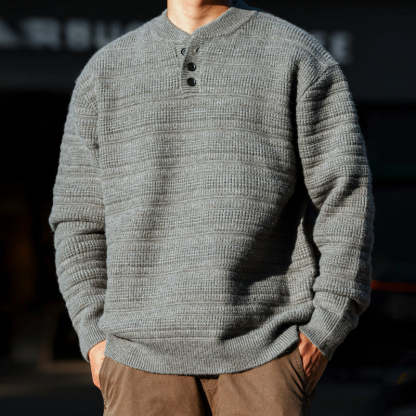 美式慵懶風亨利領針織毛衣男850g重磅復古肌理感上衣-Retro's Wear