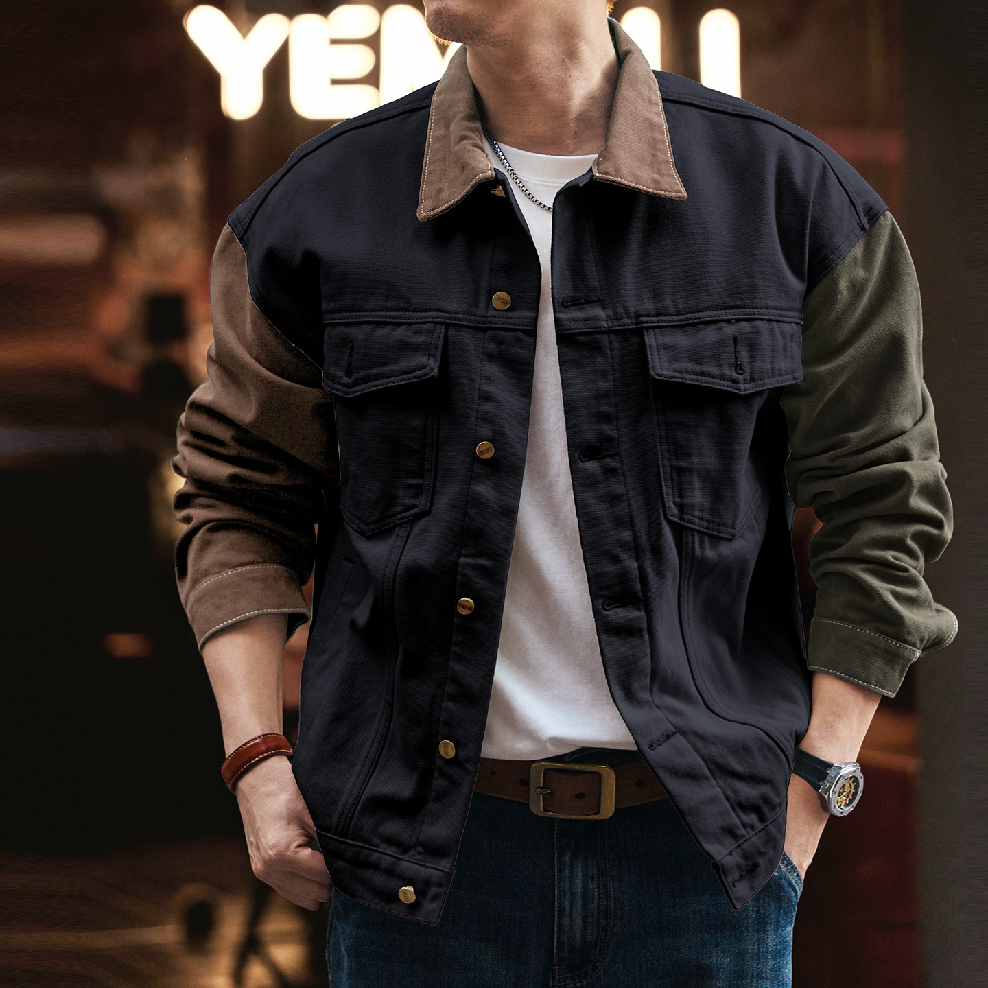 小眾設計撞色拼接夾克男2025秋季新款潮流休閒上衣外套