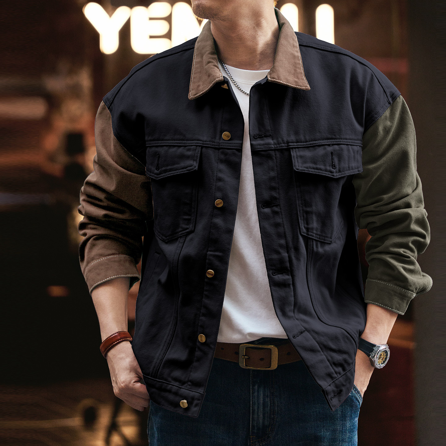 小眾設計撞色拼接夾克男2025秋季新款潮流休閒上衣外套