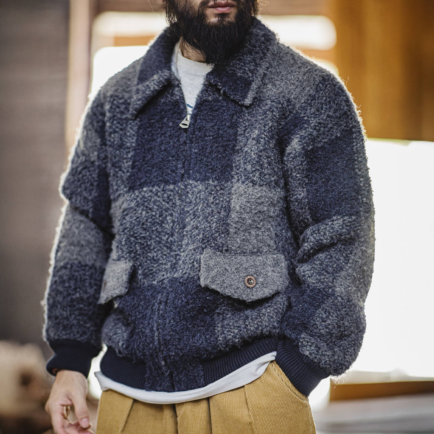 美式復古水牛格子毛織外套混紡翻領格紋開衫夾克男秋