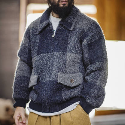 美式復古水牛格子毛織外套混紡翻領格紋開衫夾克男秋