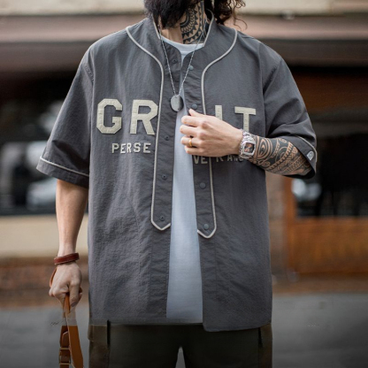 美式休閒GRIT棒球服貼布繡襯衫日系灰色薄款襯衣男春夏