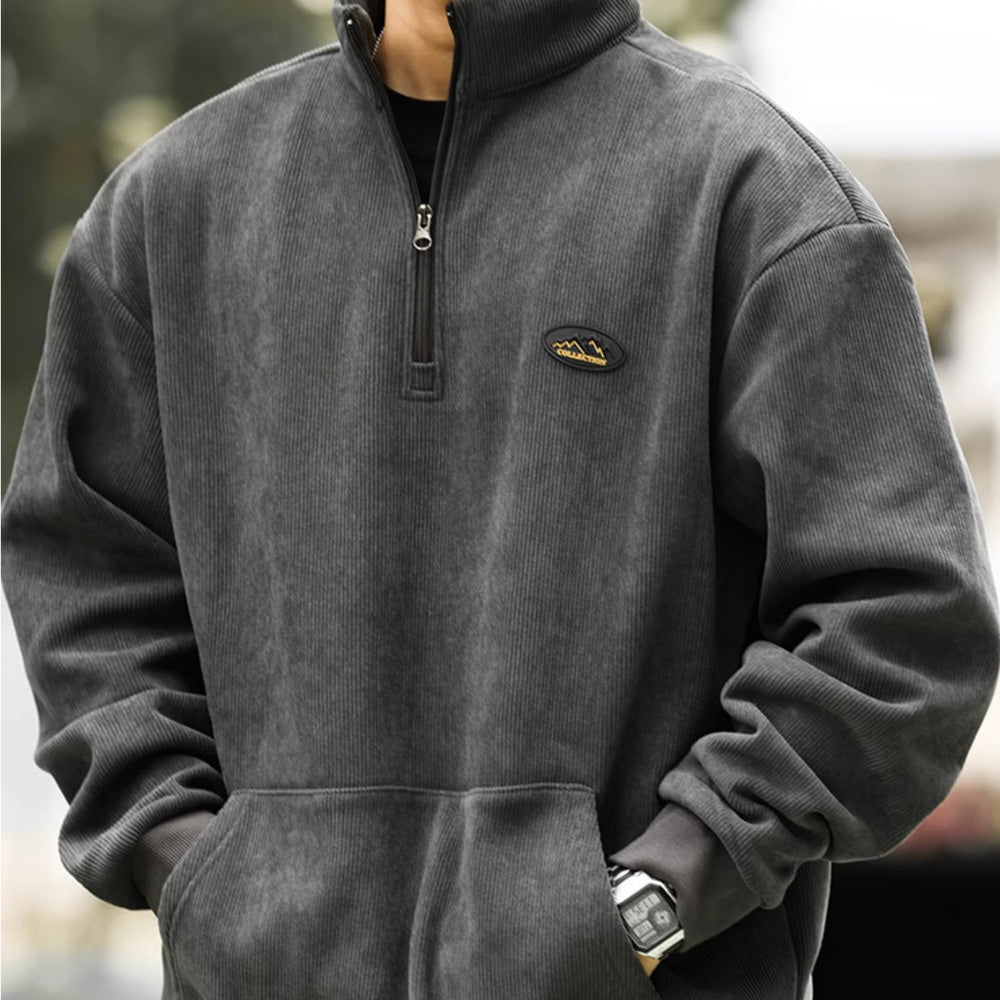 美式復古半拉鍊立領燈芯絨衛衣男加絨保暖cleanfit上衣外套-Retro's Wear